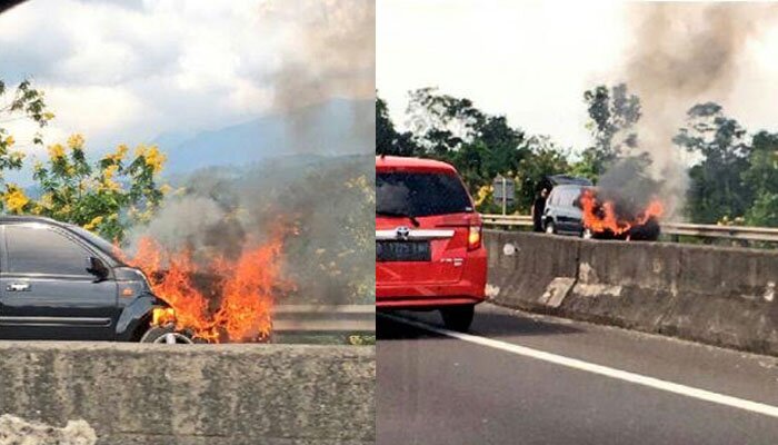 Mobil terbakar di KM 107 tol Cipularang. (dono)