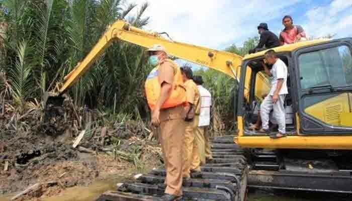 Alat berat melakukan pengorekan untuk menguburkan ratusan bangkai babi