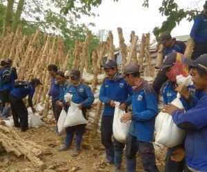 Petugas sedang melakukan pembuatan tanggul dari karung dan bambu. (wandi)