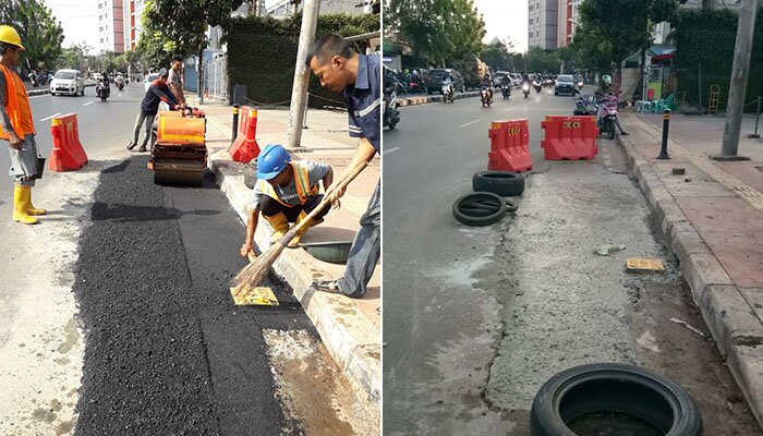 Perbaikan jalan bekas galian di Jalan Dewi Sartika. (Ifand)