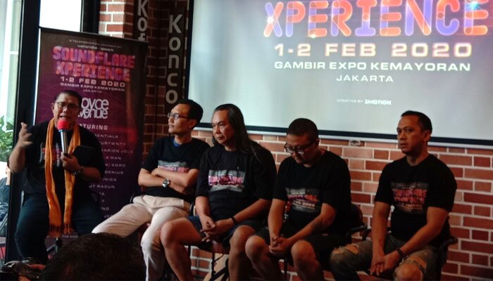 Wilis (Wartama Live), Arsya (Spinach), Nandi (Aditama), Khadad, dan Sony (3 Motion) dan rim dalam jumpa pers SOUND FLARE XPERIENCE di Epicentrum, Jakarta (mb)