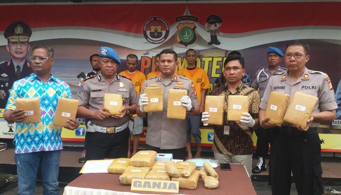 Kapolres didampingi Kasat Narkoba dan Kanit Narkoba Iptu Sinurat menjajar barang bukti ganja 18 kg dengan tiga pelaku pengedar jaringan Aceh (angga)