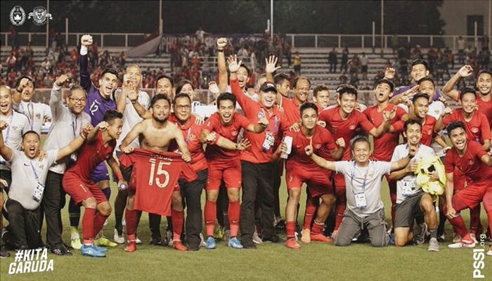 Timnas Indonesia U-22 saat merayakan lolos ke final SEA Games 2019. (twitter @pssi)