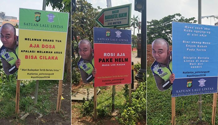 Sejumlah alat peraga atau papan himbauan untuk pengendara tertib berlalu lintas di wilayah Kota Tangsel. (anton)